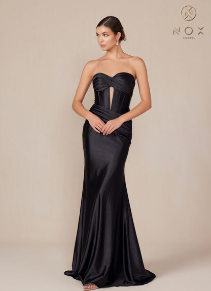Nox Anabel T1500 Dress Satin Strapless Floor Length Keyhole Bodice by DiscountDressShop