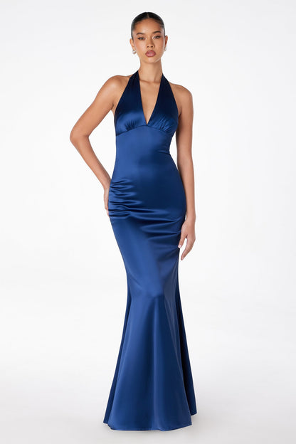 Astee T2001 Fitted Long V-Neckline Halter Top Evening Gown by DiscountDressShop