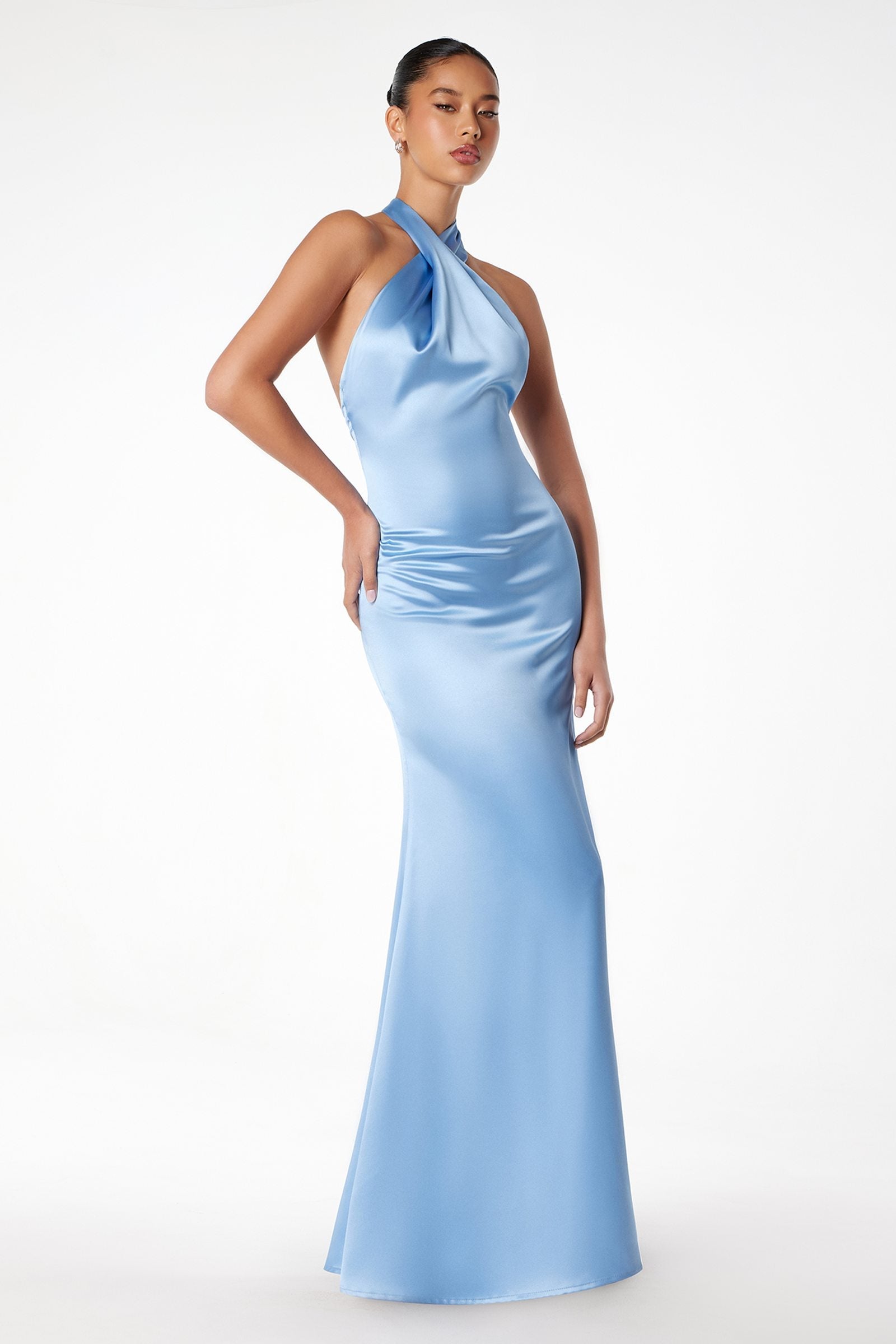 Astee T2005 Fitted Sleek Twisted Halter Top Satin Mermaid Gown by DiscountDressShop