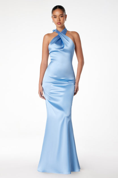 Astee T2005 Fitted Sleek Twisted Halter Top Satin Mermaid Gown by DiscountDressShop