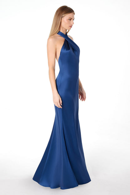 Astee T2005 Fitted Sleek Twisted Halter Top Satin Mermaid Gown by DiscountDressShop
