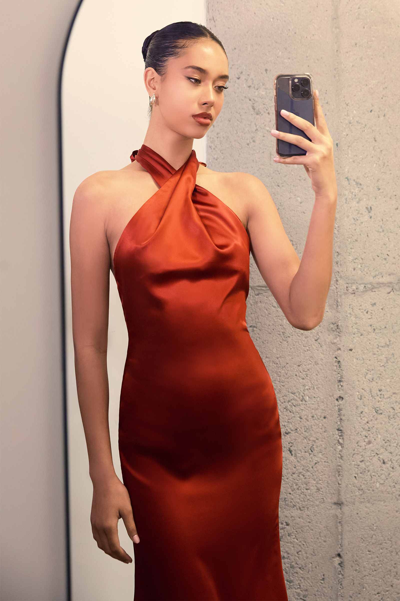 Astee T2005 Fitted Sleek Twisted Halter Top Satin Mermaid Gown by DiscountDressShop