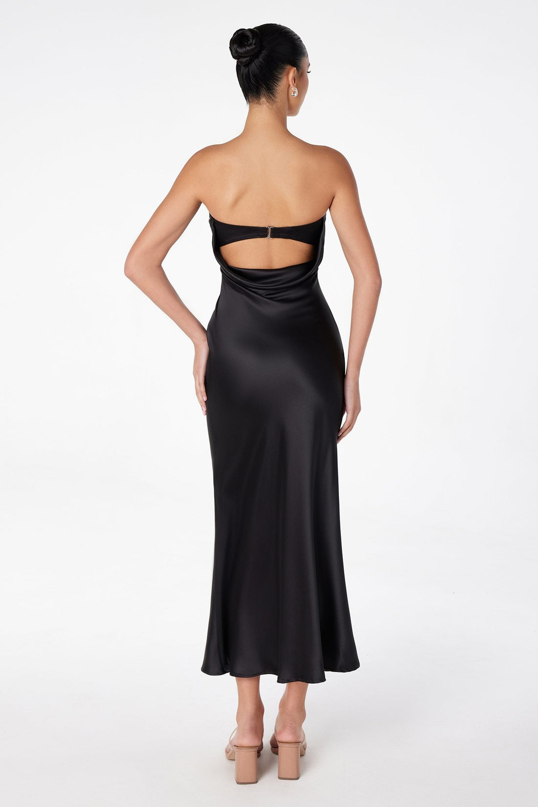 Astee T2006 Tea Length Satin Dress Cut Out Cowl-Like Back by DiscountDressShop