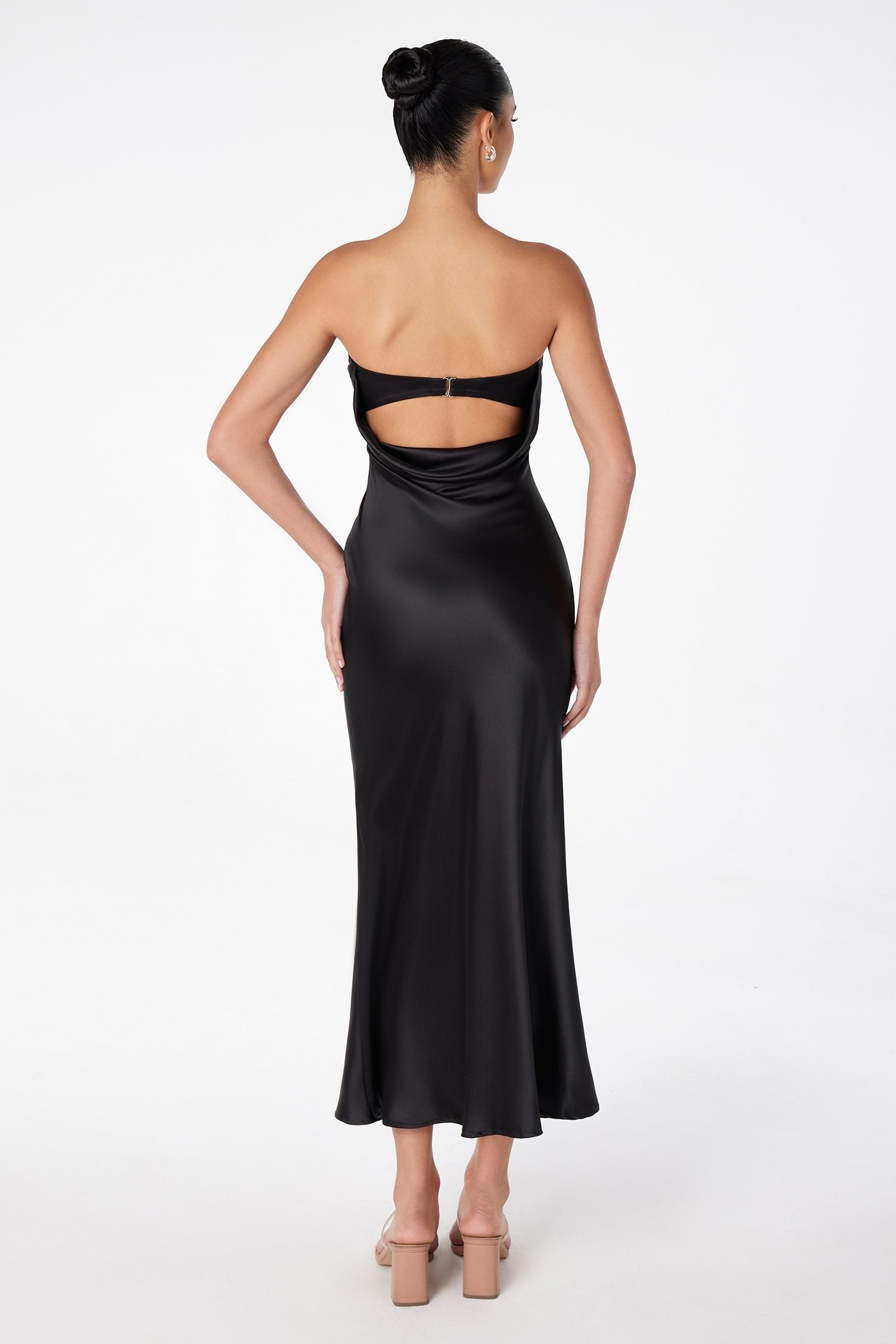 Astee T2006 Tea Length Satin Dress Cut Out Cowl-Like Back by DiscountDressShop