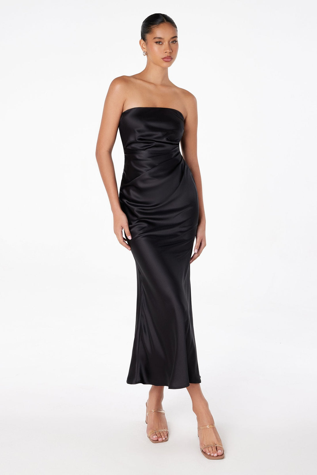 Astee T2006 Tea Length Satin Dress Cut Out Cowl-Like Back by DiscountDressShop