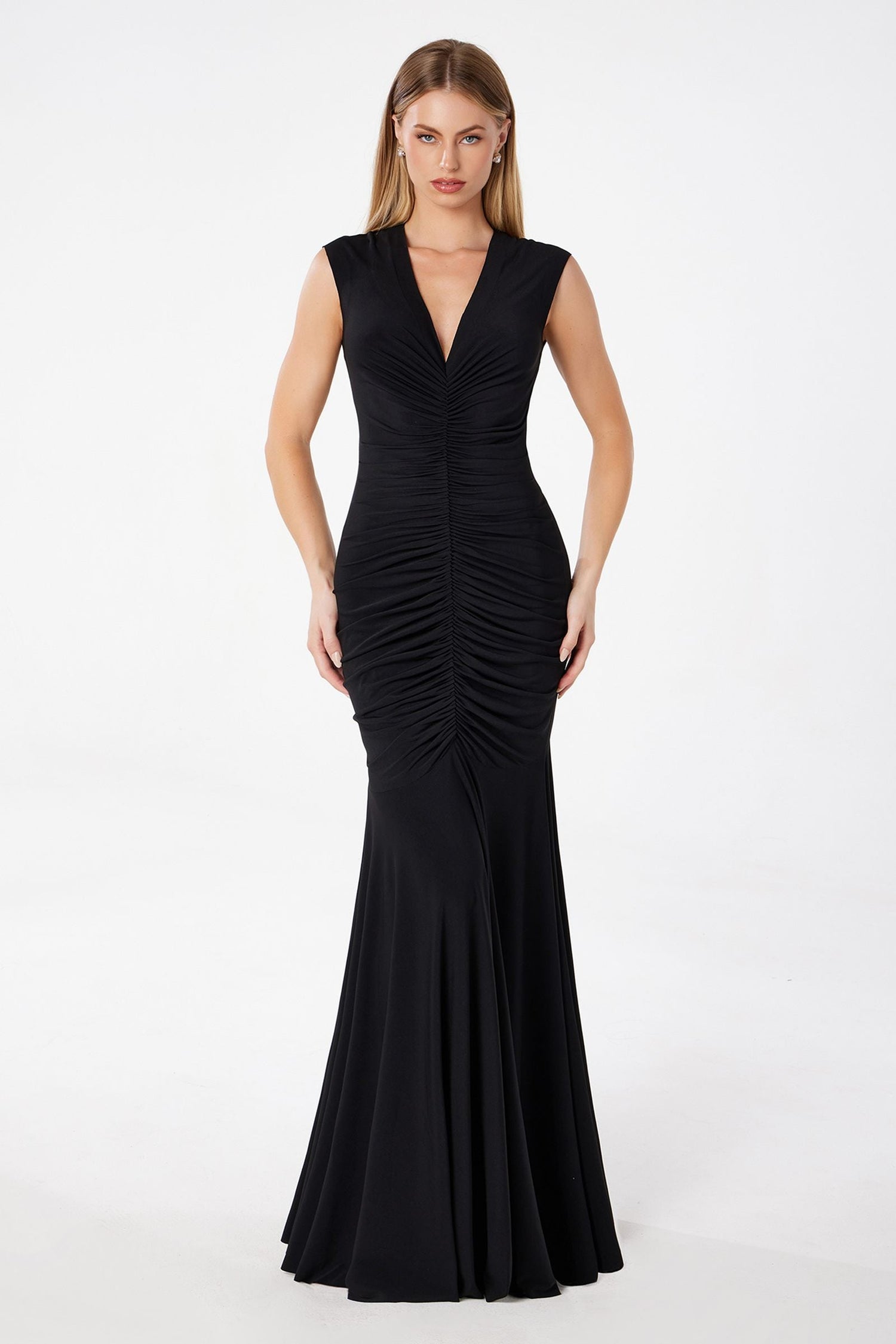 Astee T2009 Long V-Neckline Ruched Mermaid Gown by DiscountDressShop