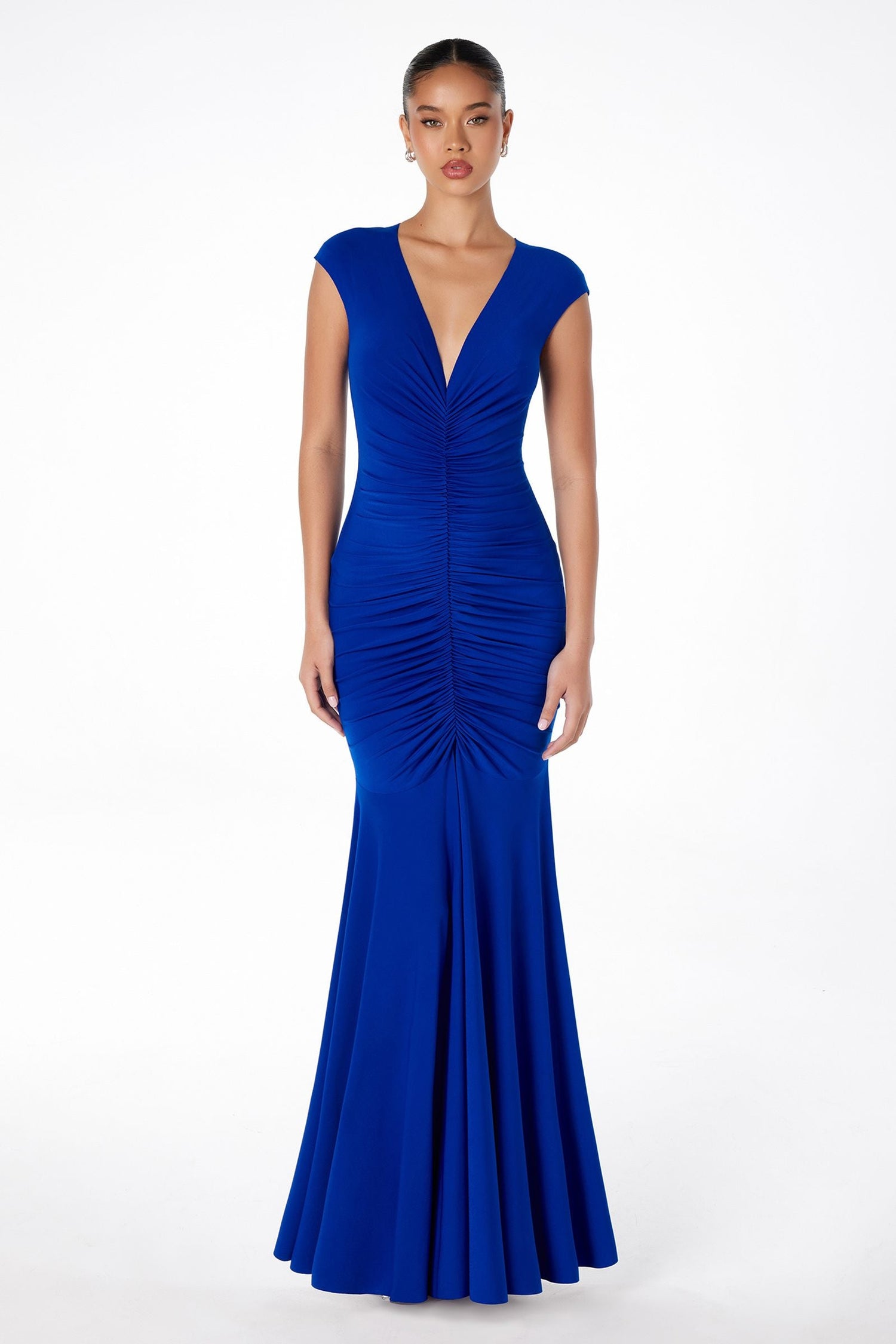 Astee T2009 Long V-Neckline Ruched Mermaid Gown by DiscountDressShop