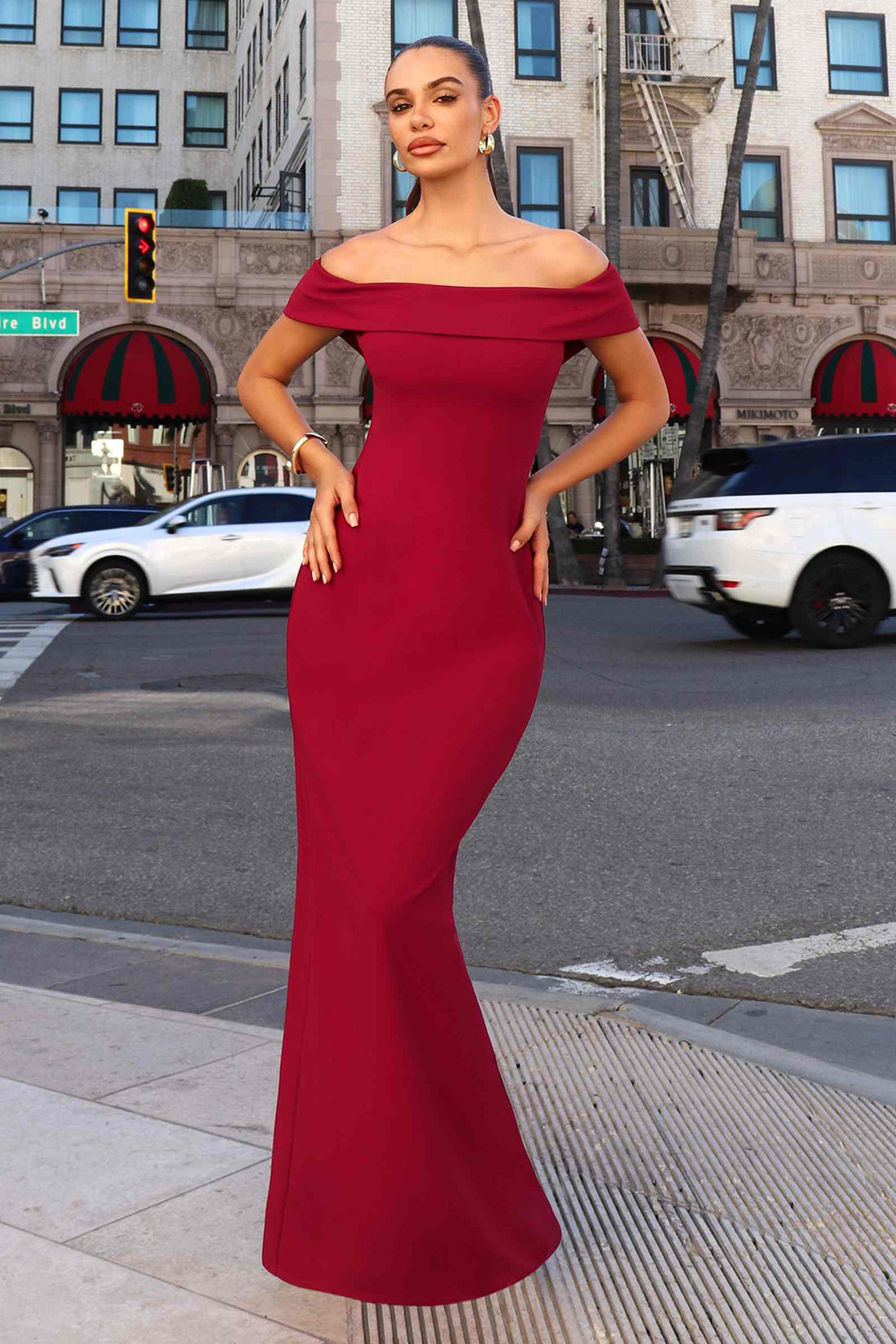 Astee T2011 Off the Shoulder Fitted Evening Gown Back Slit by DiscountDressShop