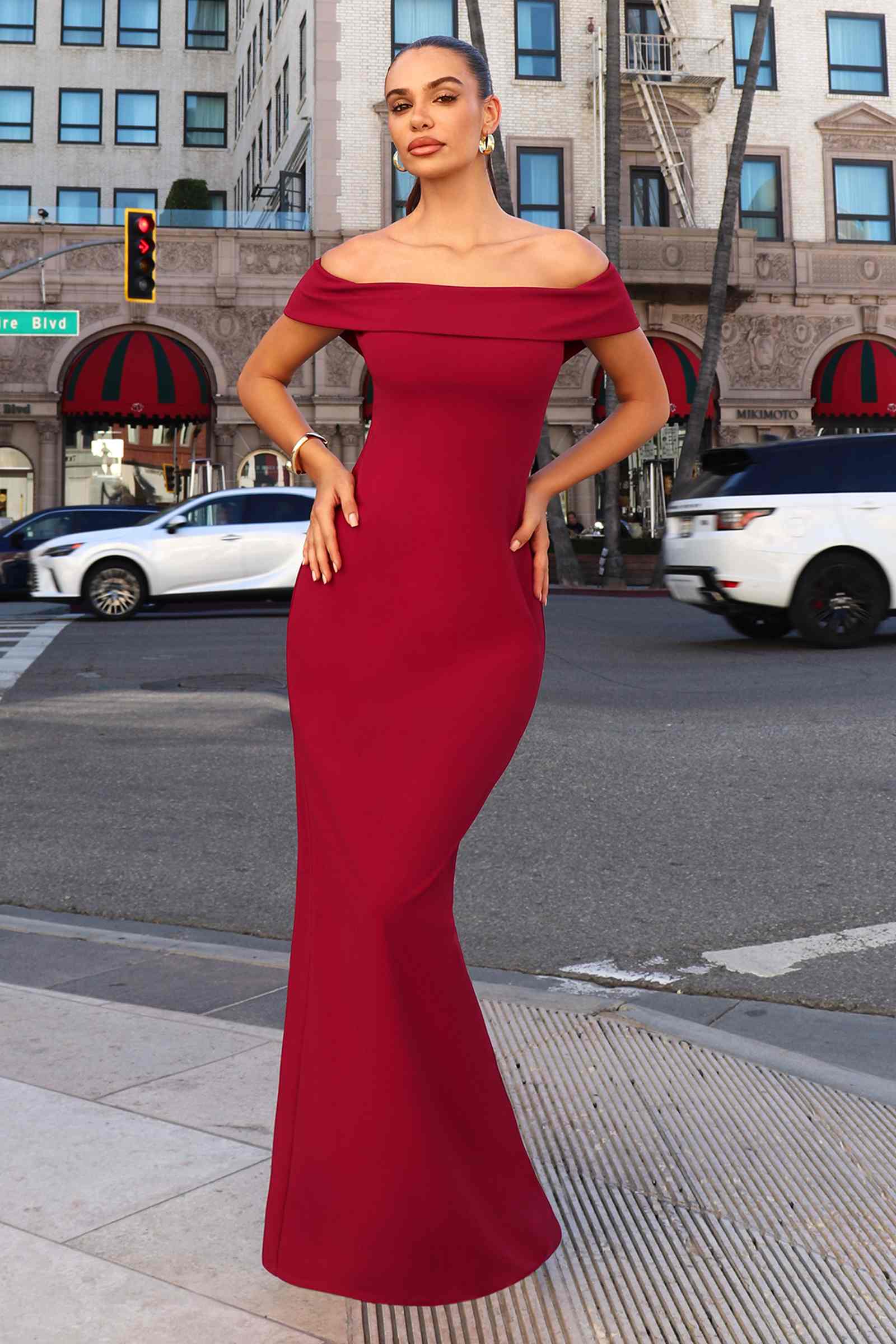 Astee T2011 Off the Shoulder Fitted Evening Gown Back Slit by DiscountDressShop