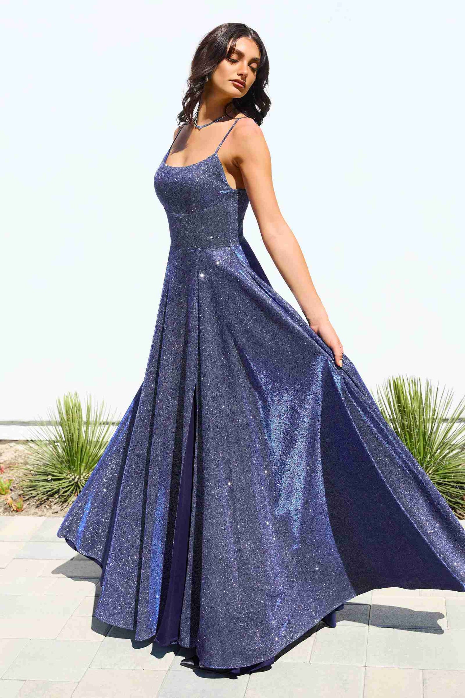 Ladivine Amoris T213 Sleeveless Spaghetti Strap A-Line Glitter Gown by DiscountDressShop