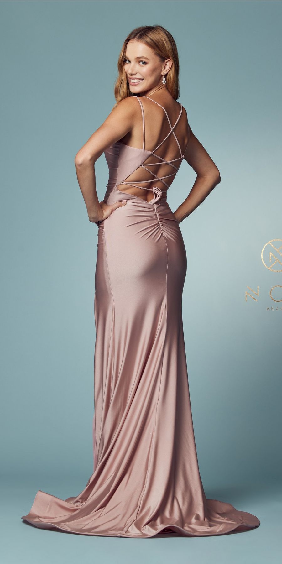 Nox Anabel T481 Long Scoop Neck Spaghetti Strap Fitted Gown Slit by DiscountDressShop
