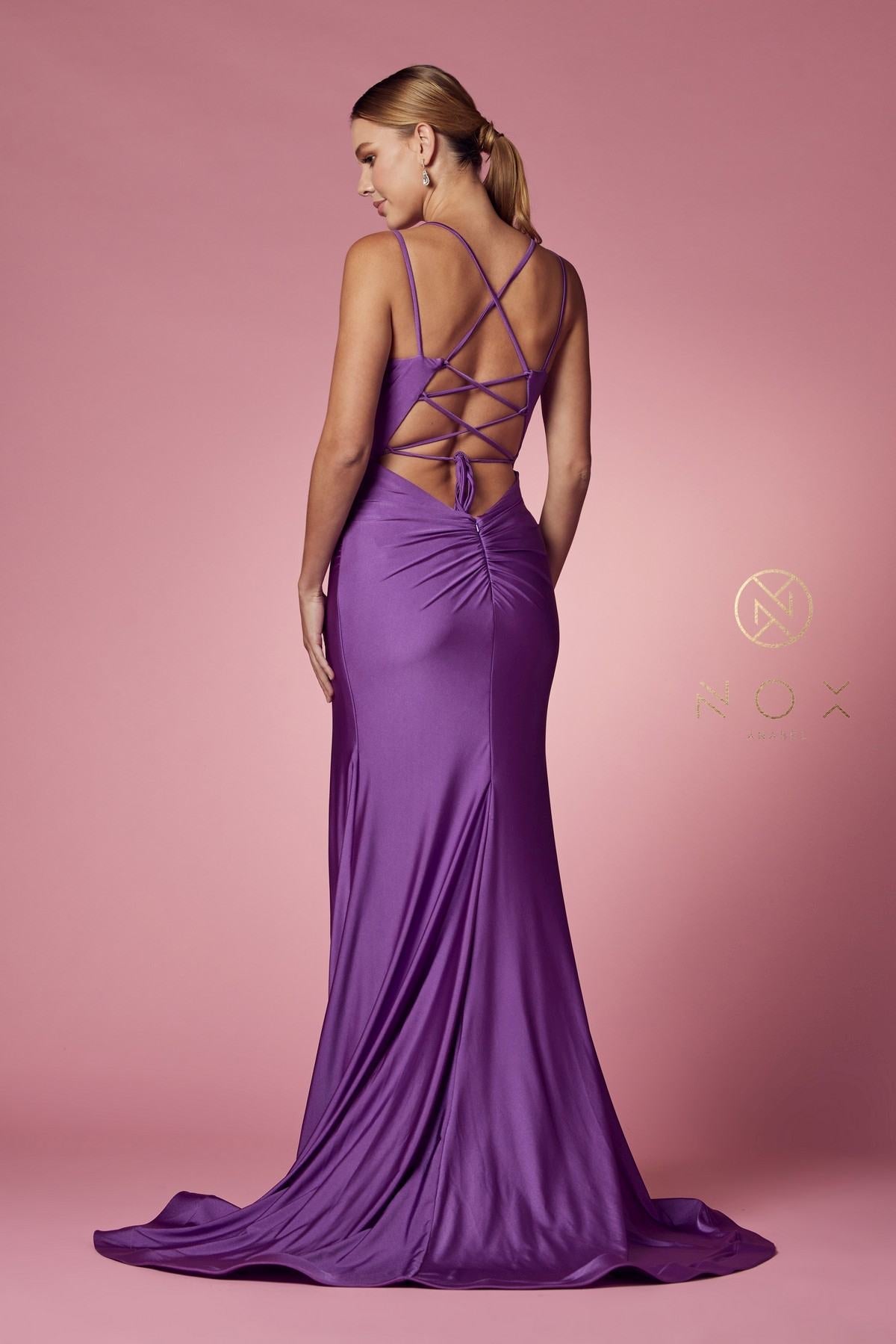 Nox Anabel T481 Long Scoop Neck Spaghetti Strap Fitted Gown Slit by DiscountDressShop