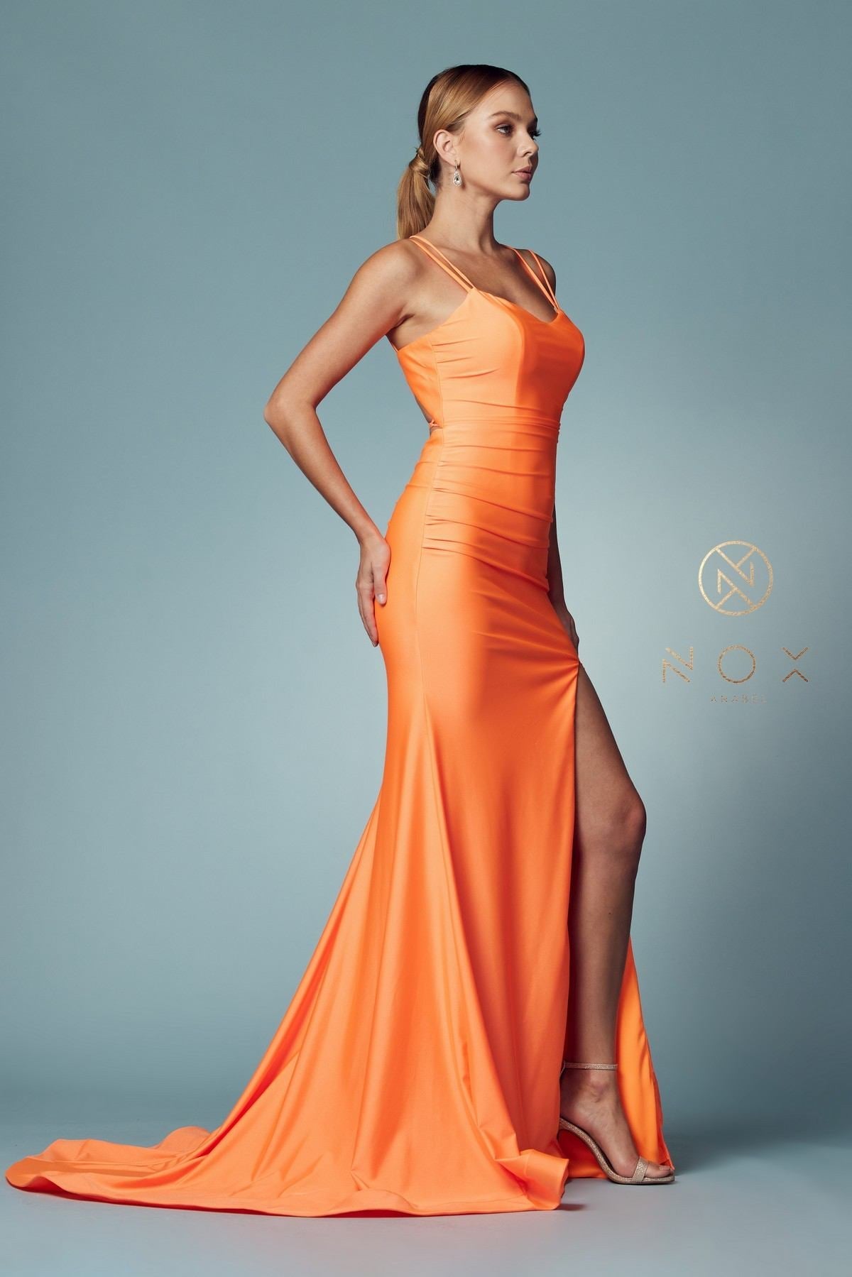 Nox Anabel T481 Long Scoop Neck Spaghetti Strap Fitted Gown Slit by DiscountDressShop