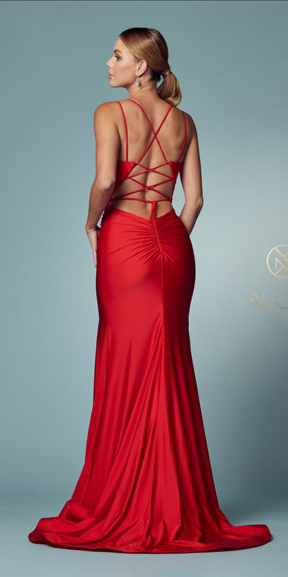 Nox Anabel T481 Long Scoop Neck Spaghetti Strap Fitted Gown Slit by DiscountDressShop