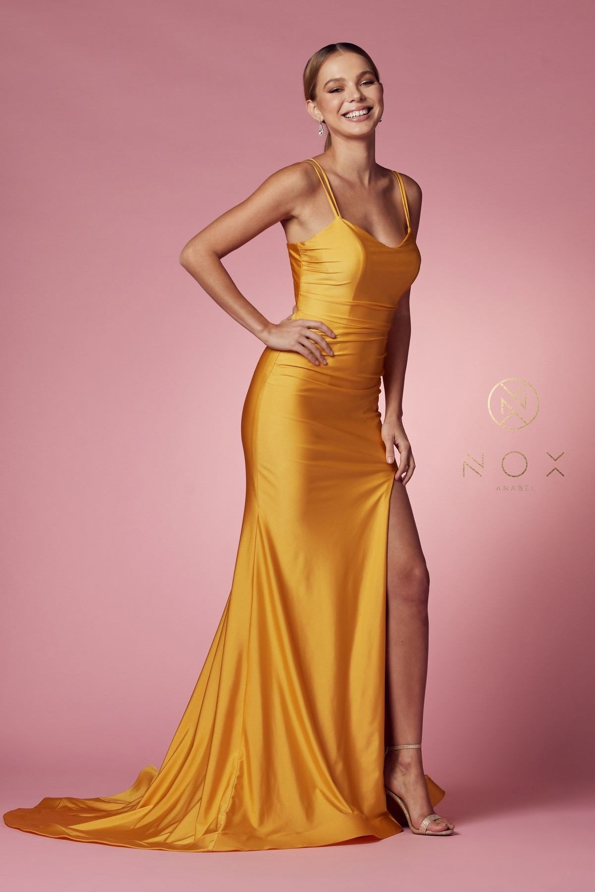 Nox Anabel T481 Long Scoop Neck Spaghetti Strap Fitted Gown Slit by DiscountDressShop