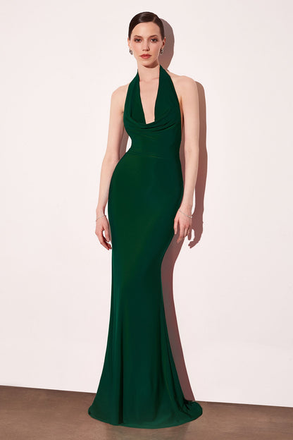 Astee T501 Long Halter V-Neckline Fitted Open Back Evening Gown by DiscountDressShop