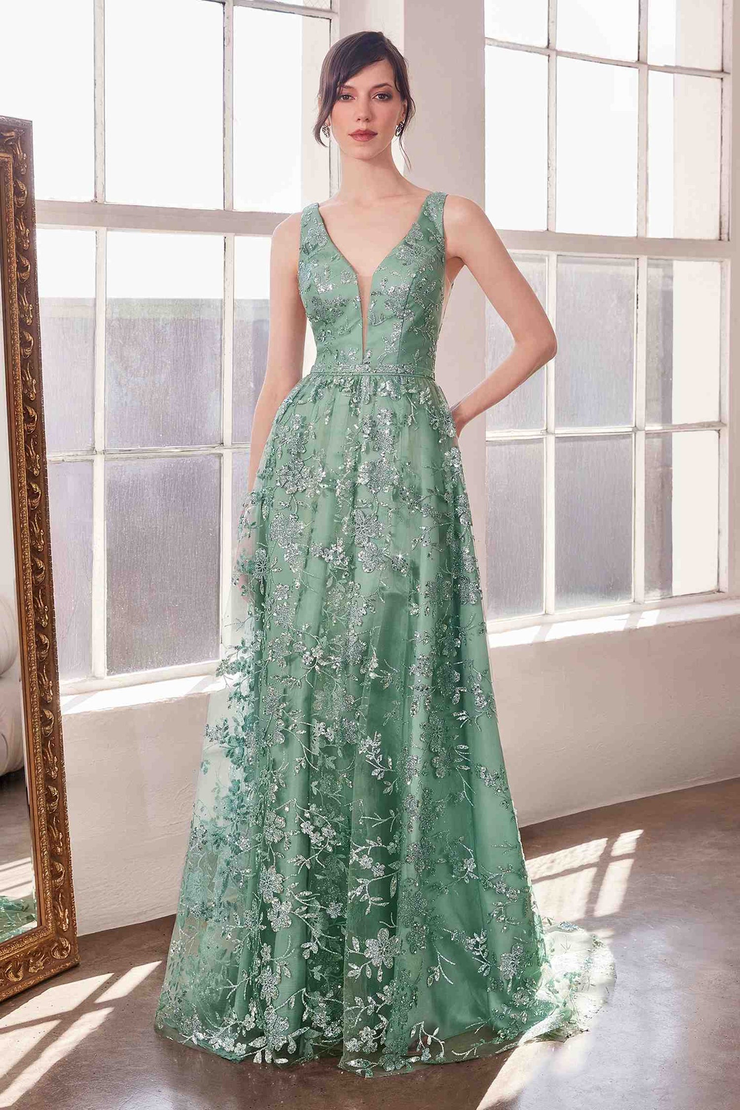 Ladivine Amoris T606 Long Sleeveless Glitter Print A-Line Gown by DiscountDressShop