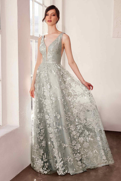 Ladivine Amoris T606 Long Sleeveless Glitter Print A-Line Gown by DiscountDressShop
