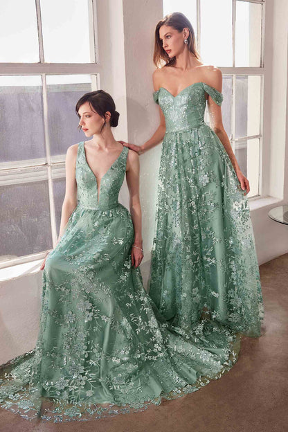 Ladivine Amoris T606 Long Sleeveless Glitter Print A-Line Gown by DiscountDressShop