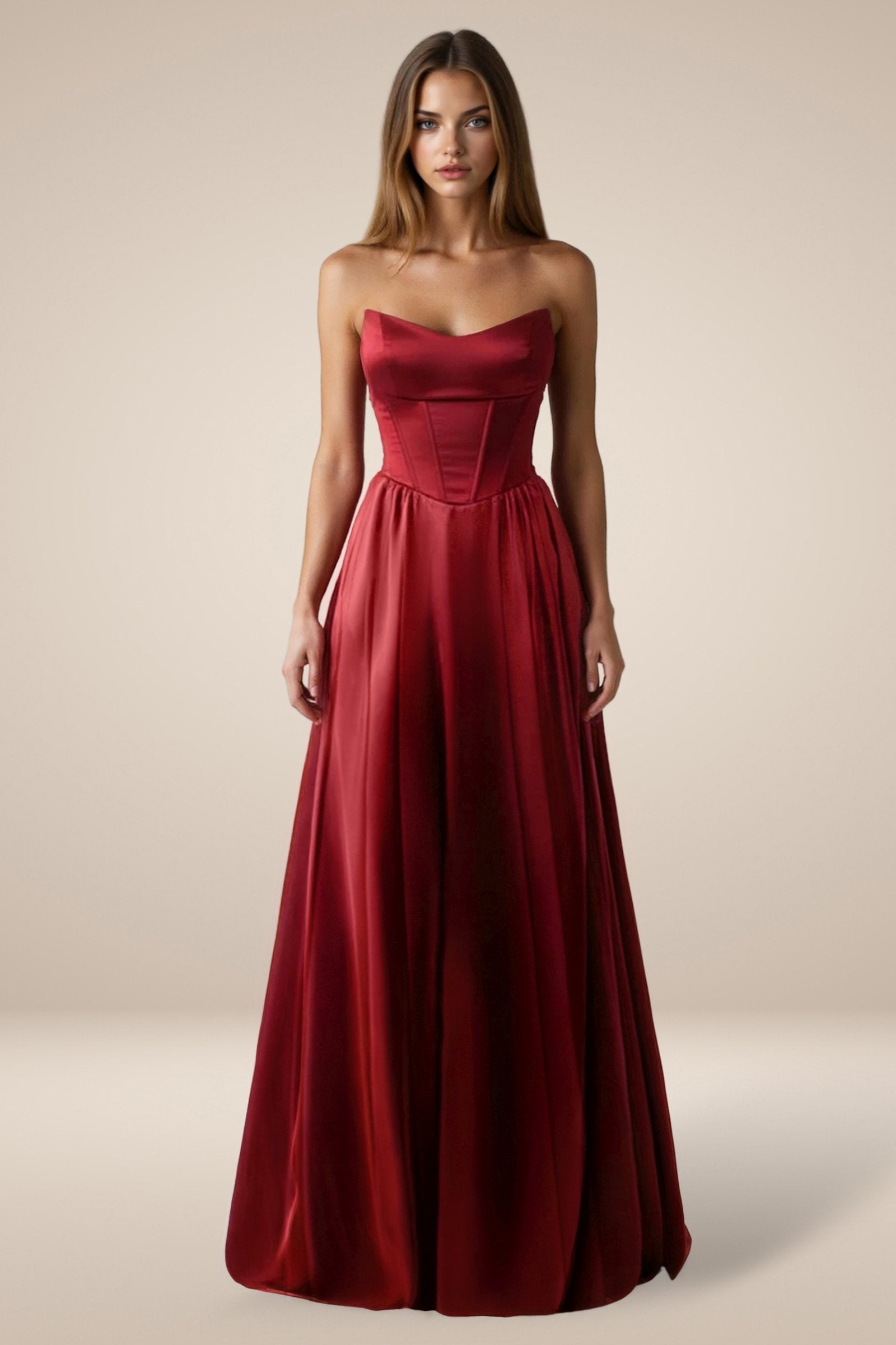 Amoris T612 Long A-Line Strapless Satin Semi-Formal Gown by DiscountDressShop