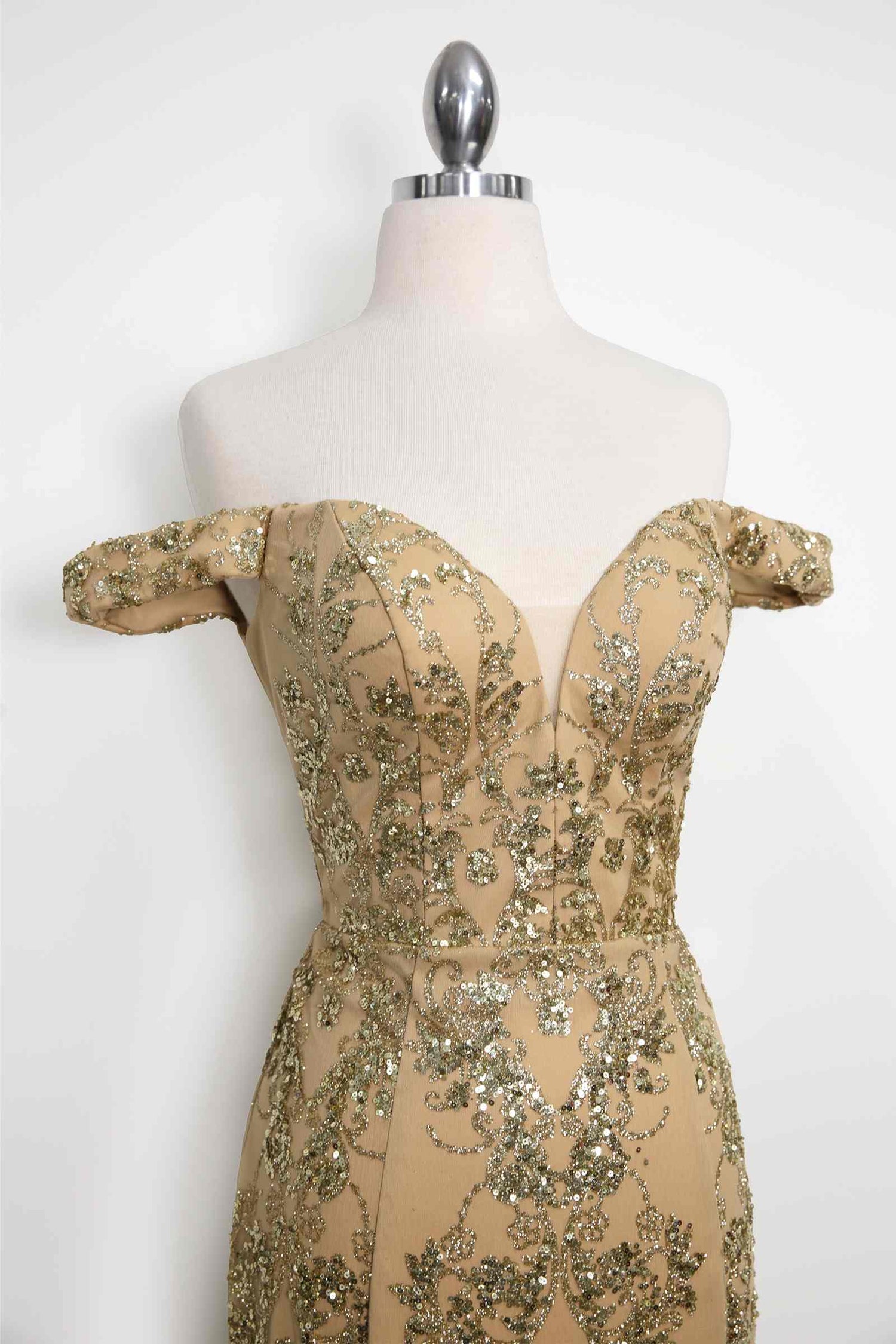 Amoris T613 Fitted Off the Shoulder Sequin Lace Sweep Train Gown by DiscountDressShop
