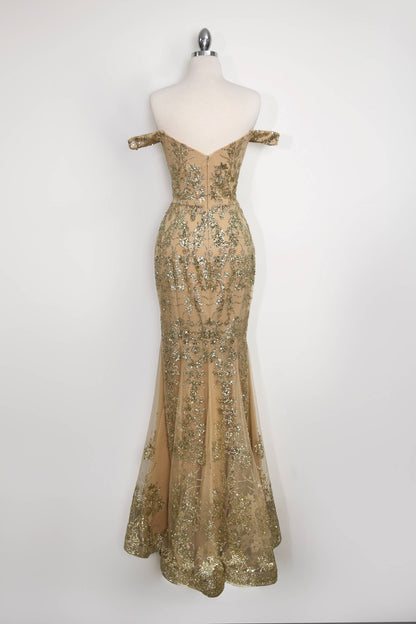 Amoris T613 Fitted Off the Shoulder Sequin Lace Sweep Train Gown by DiscountDressShop