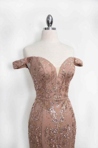 Amoris T613 Fitted Off the Shoulder Sequin Lace Sweep Train Gown by DiscountDressShop