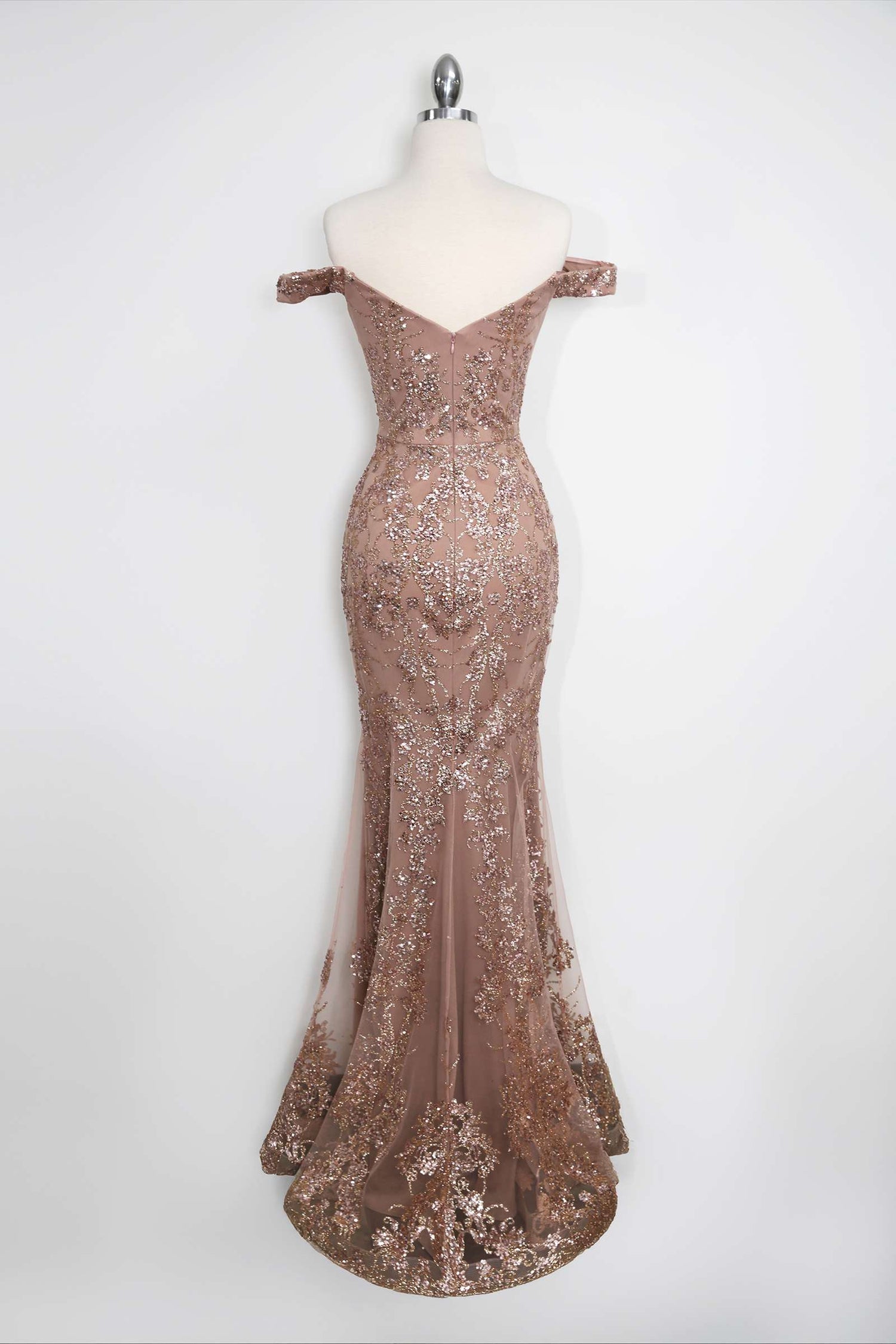 Amoris T613 Fitted Off the Shoulder Sequin Lace Sweep Train Gown by DiscountDressShop