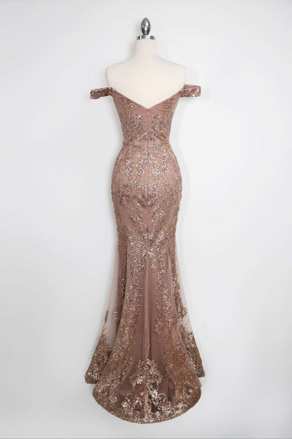 Amoris T613 Fitted Off the Shoulder Sequin Lace Sweep Train Gown by DiscountDressShop