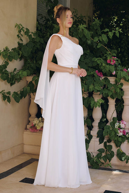 Amoris T716W One Shoulder Chiffon A-Line Off White Evening Dress by DiscountDressShop
