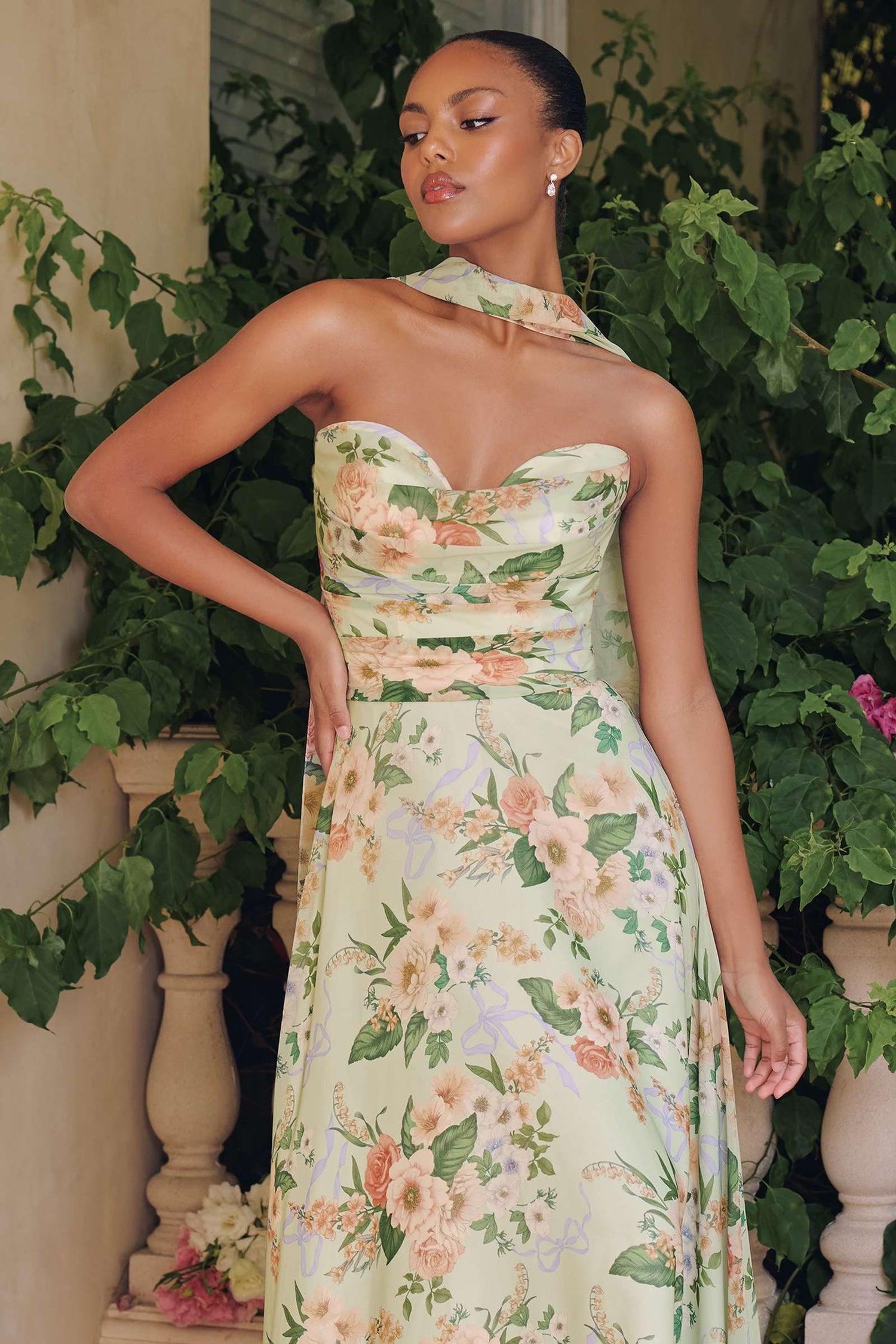 Amoris T717 Floral Chiffon A-Line Gown Corset Back by DiscountDressShop