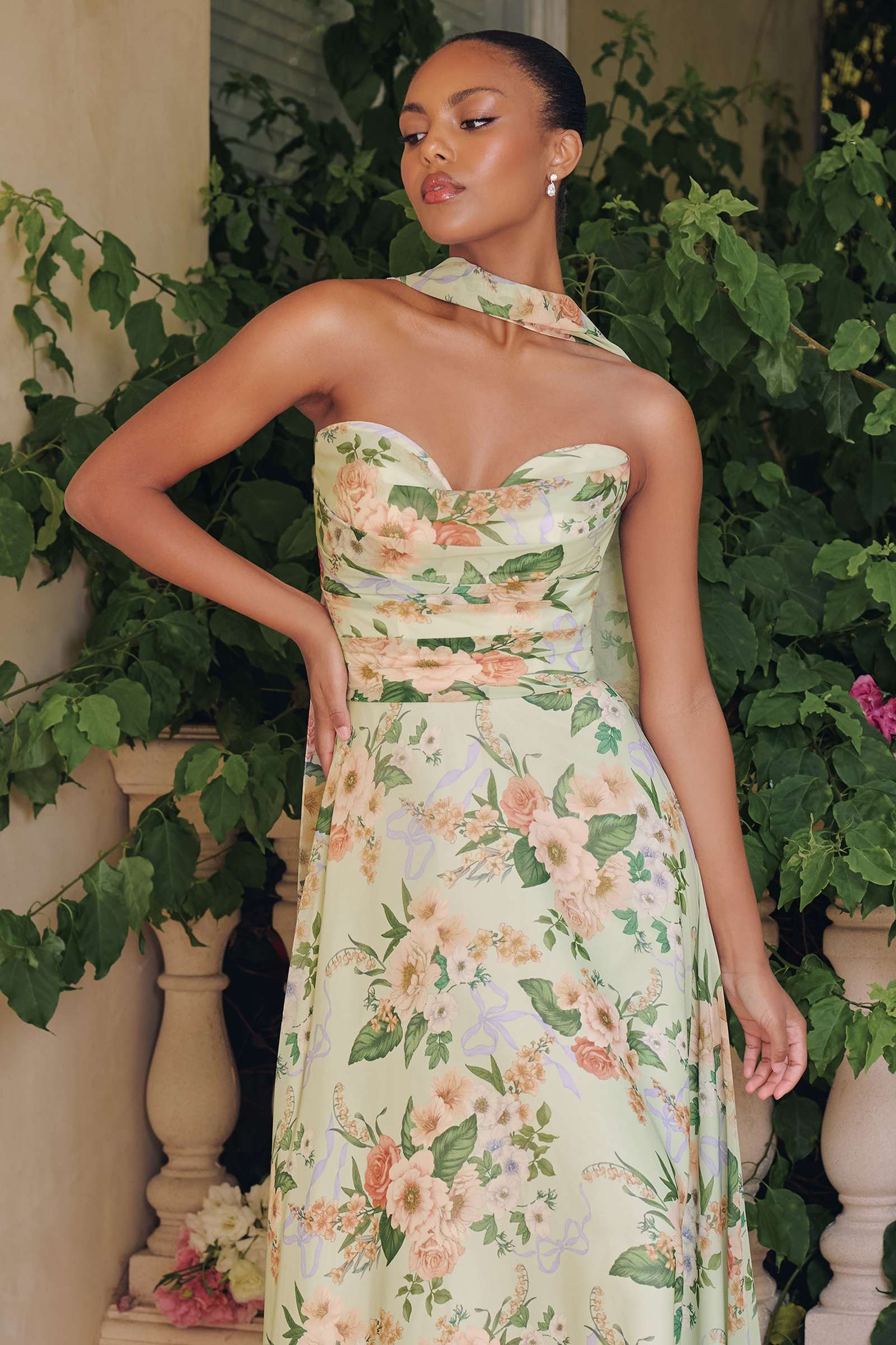 Amoris T717 Floral Chiffon A-Line Gown Corset Back by DiscountDressShop
