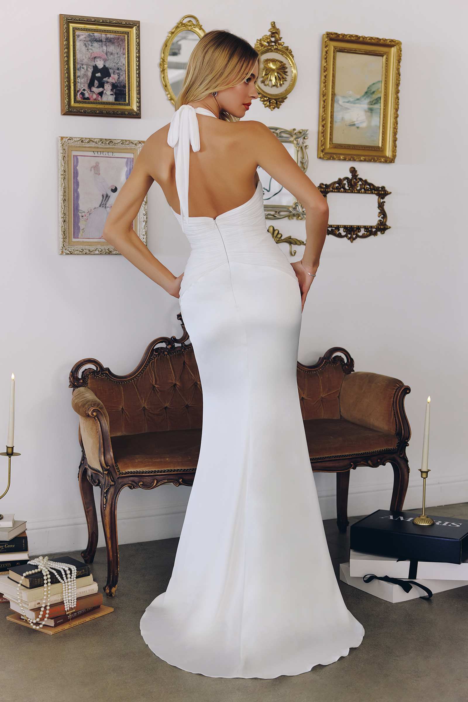 Amoris T720W Halter Satin Sleek Floor Length Satin Bridal Gown by DiscountDressShop