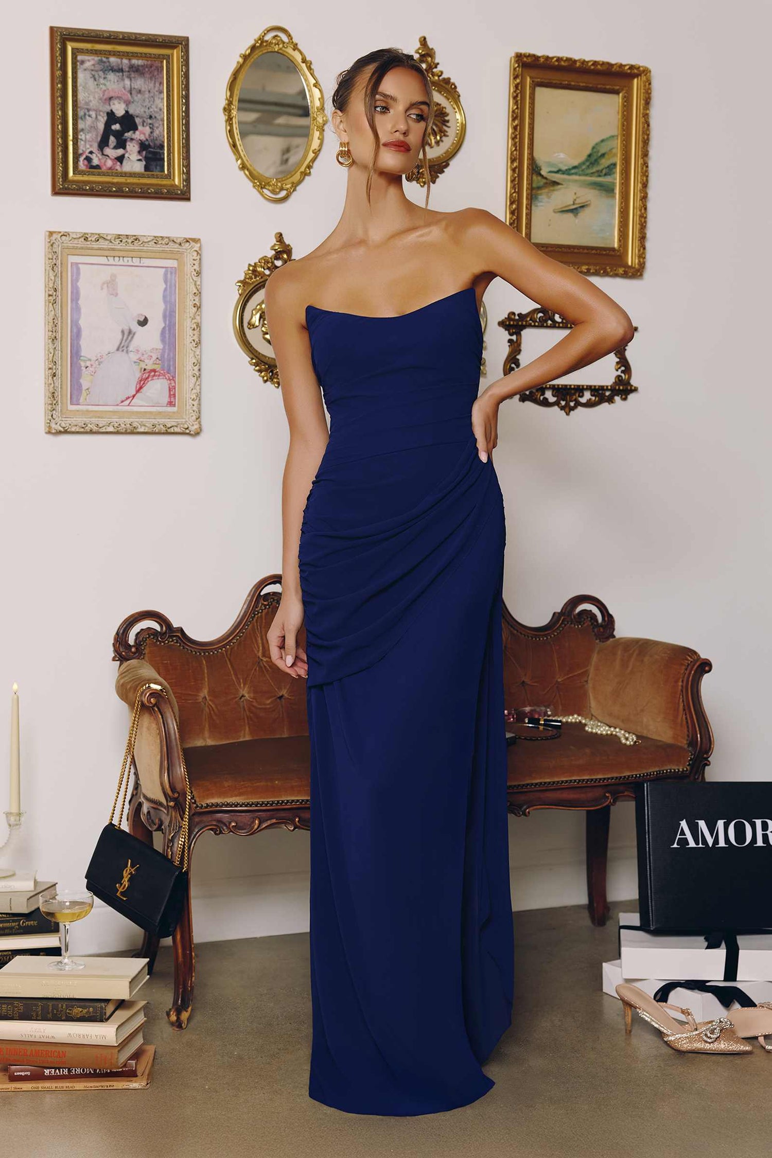 Amoris T726 Strapless Side Sash Chiffon Formal Gown by DiscountDressShop