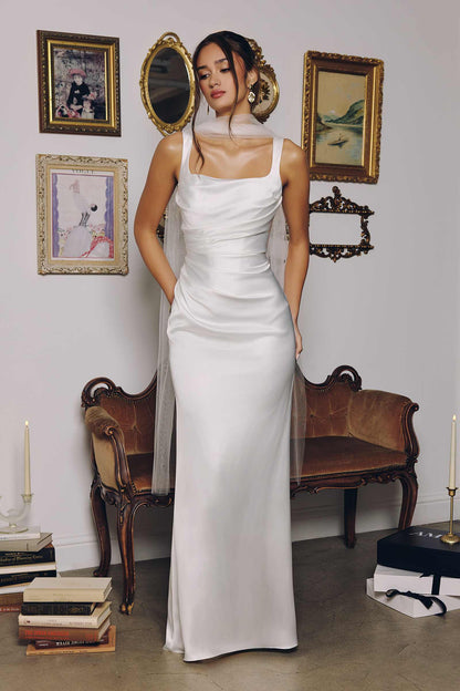 Amoris T729W Sleek Satin Adjustable Straps Fitted Off White Gown by DiscountDressShop