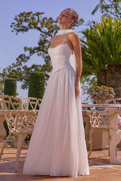 Amoris T741W Flowing A-Line Strapless Chiffon Off White Evening Gown by DiscountDressShop