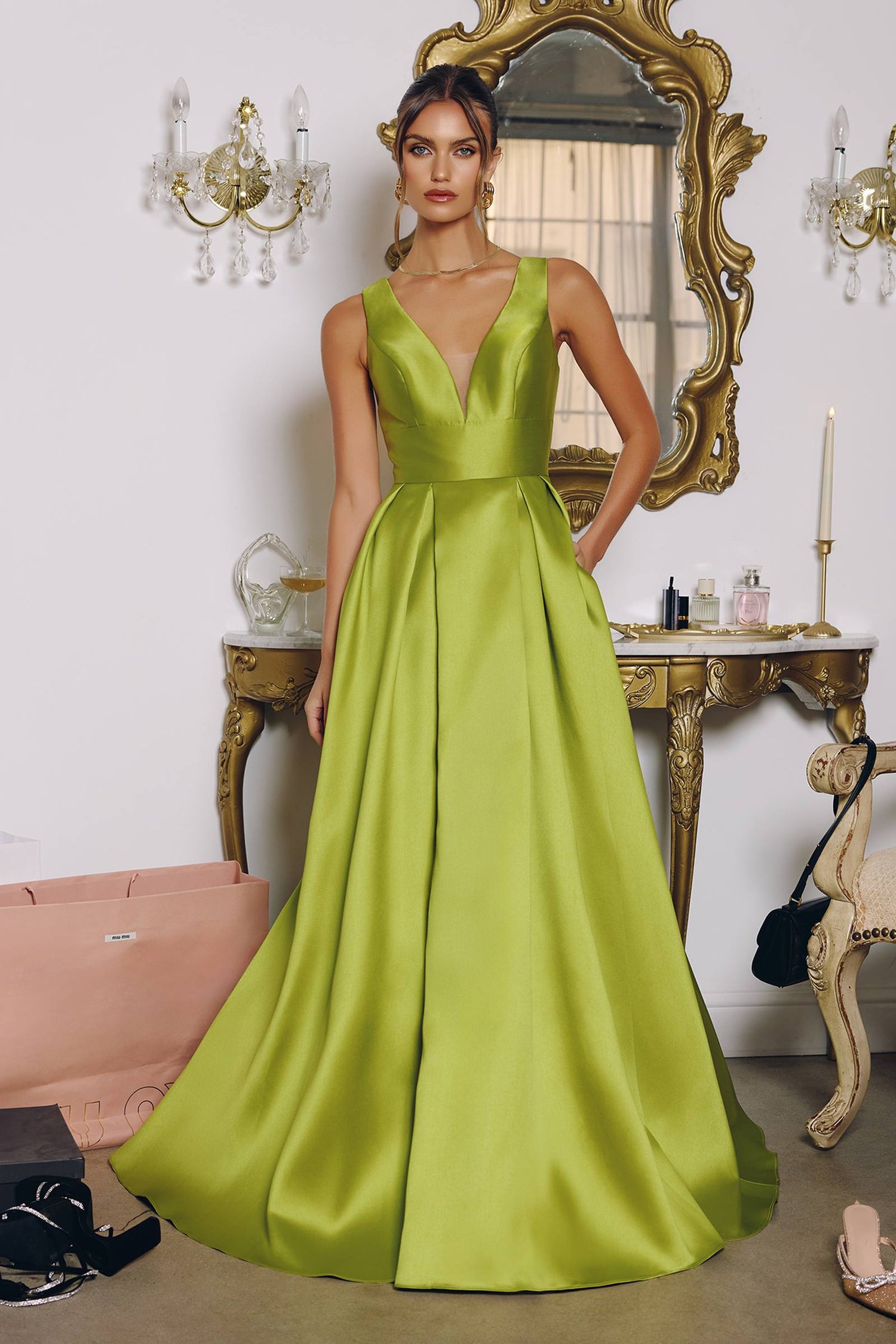Amoris T814 Long V-Neckline A-Line Satin Dress with Pockets by DiscountDressShop