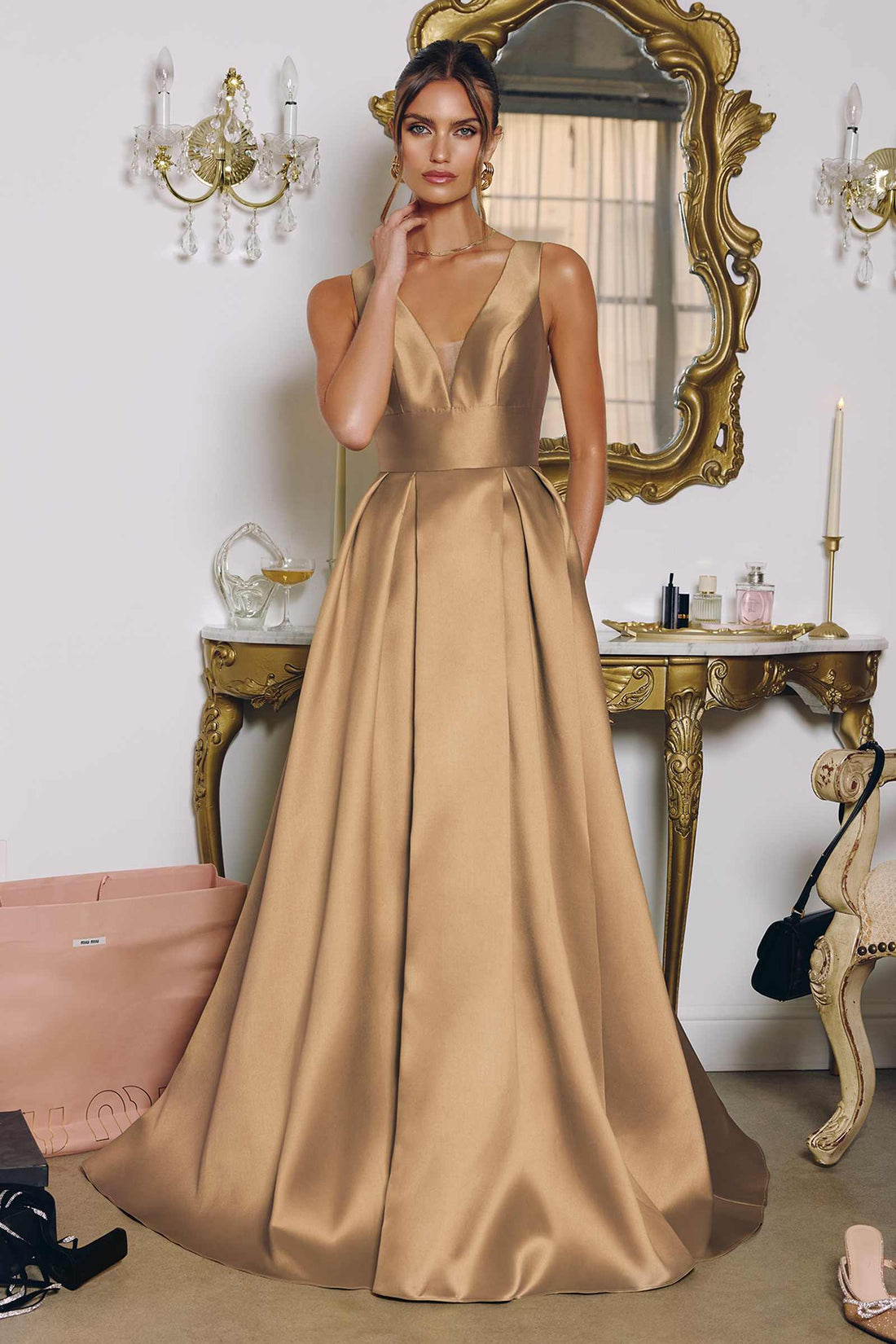 Amoris T814 Long V-Neckline A-Line Satin Dress with Pockets by DiscountDressShop