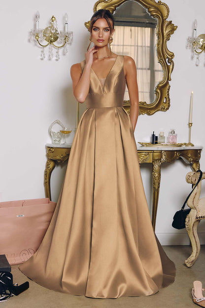 Amoris T814 Long V-Neckline A-Line Satin Dress with Pockets by DiscountDressShop