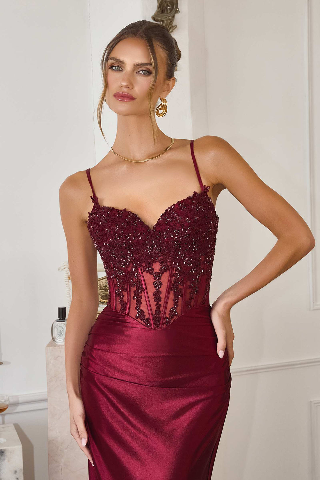 CLEARANCE - Amoris T819 Sleek Fitted Stretch Satin Burgundy Mermaid Gown (Size XS) by DiscountDressShop
