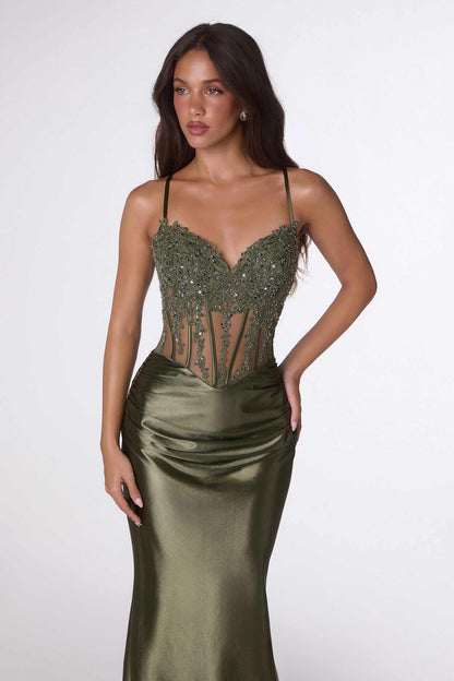 Amoris T819 Sleek Fitted Stretch Satin Sheer Corset Mermaid Gown by DiscountDressShop