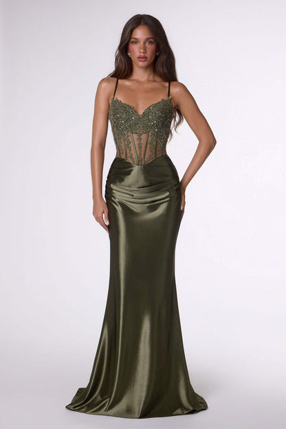 Amoris T819 Sleek Fitted Stretch Satin Sheer Corset Mermaid Gown by DiscountDressShop