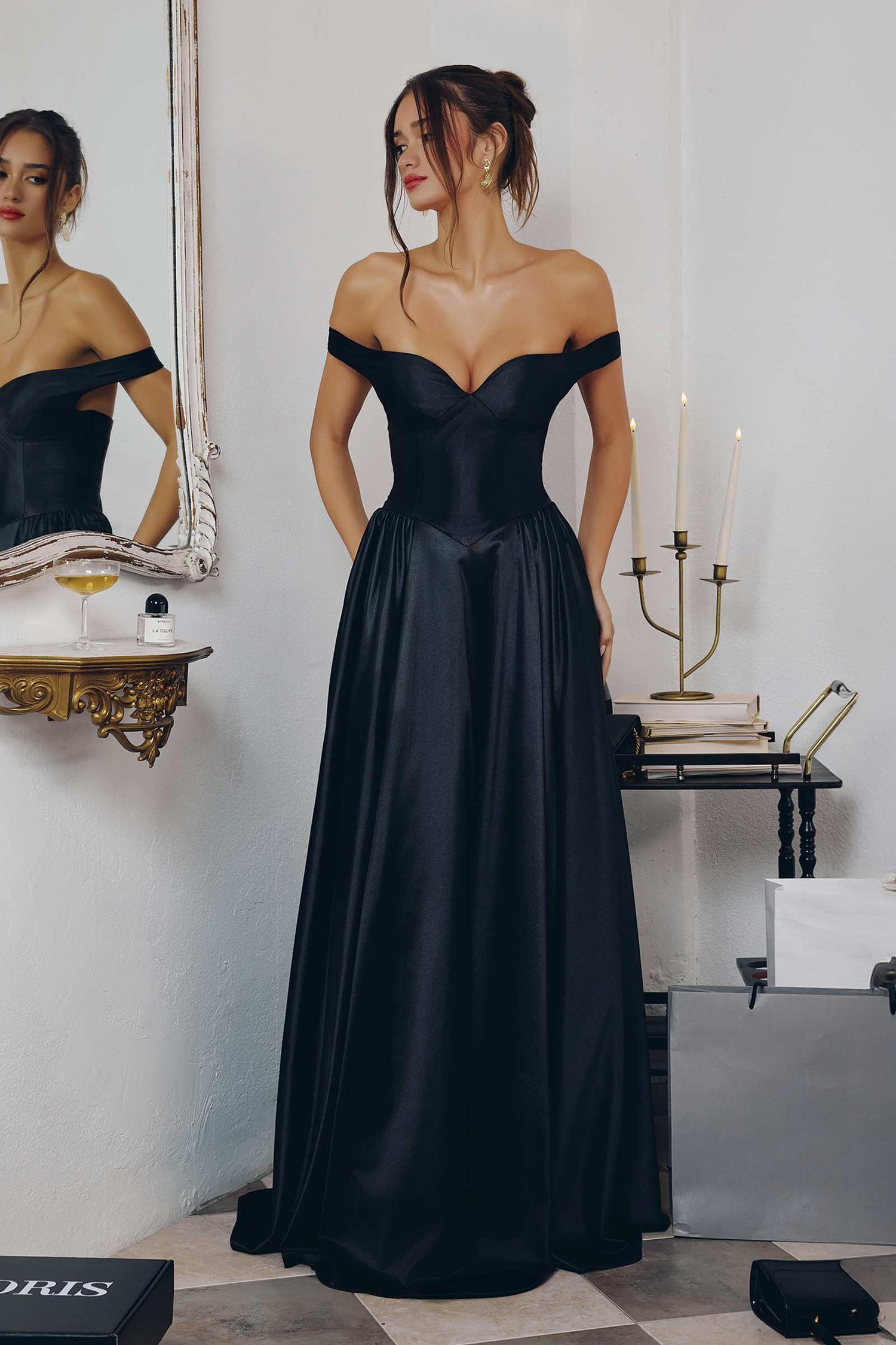 Amoris T821 Off Shoulder Sweetheart Neck Satin A-Line Dress by DiscountDressShop