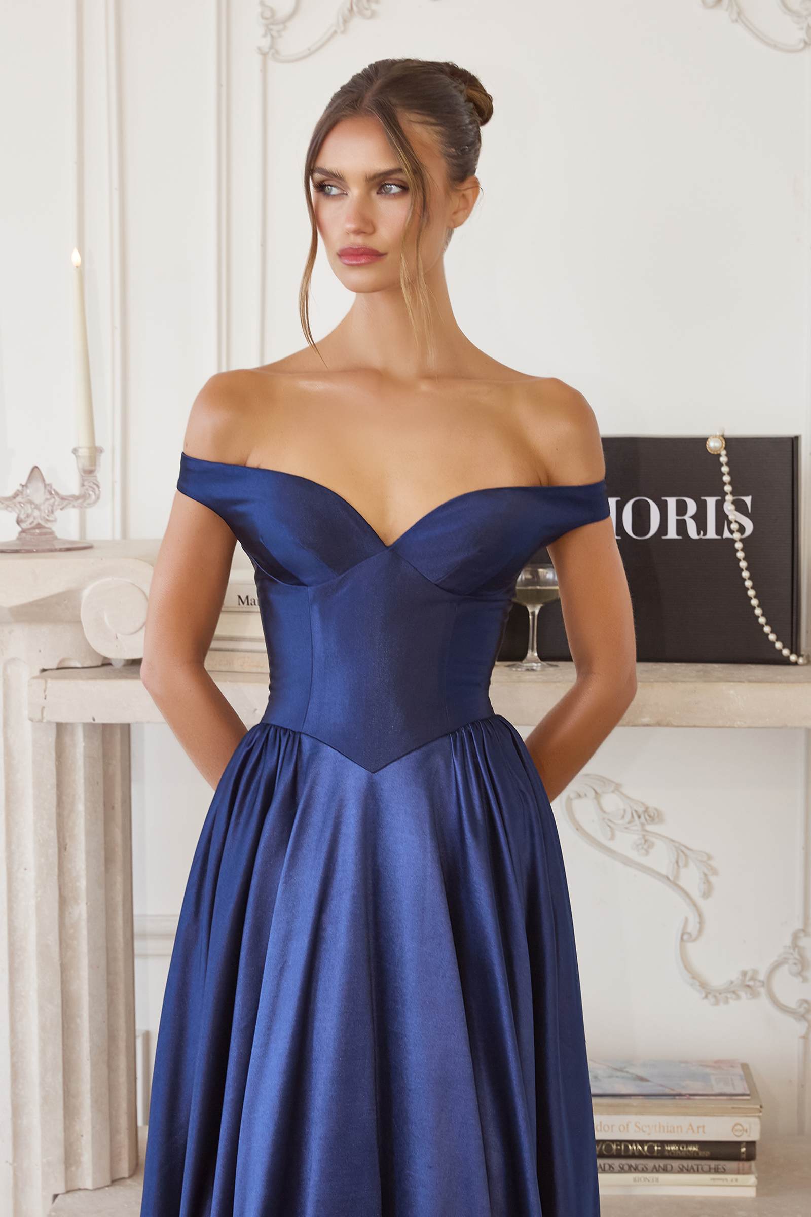 Amoris T821 Off Shoulder Sweetheart Neck Satin A-Line Dress by DiscountDressShop