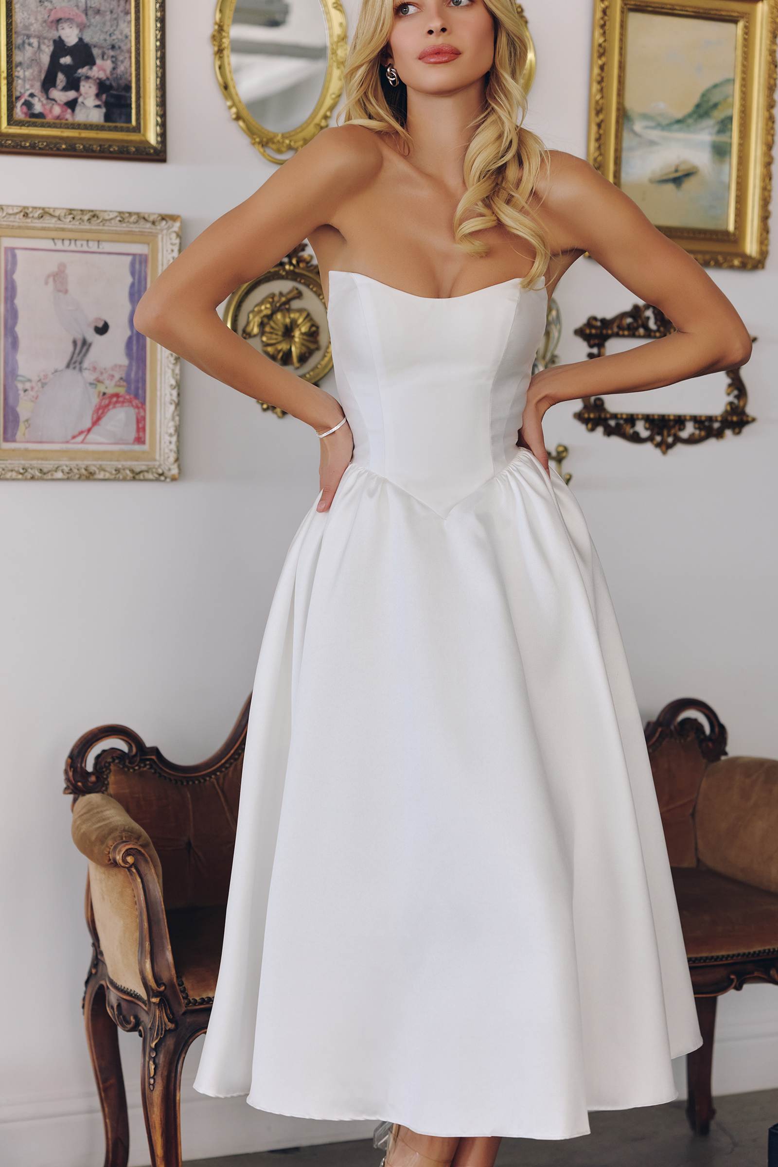Amoris T822W Elegant Mikado Midi Strapless Wedding Reception Gown by DiscountDressShop