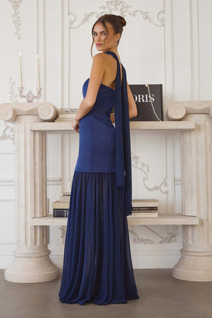 Amoris T825 Strapless Satin Bodice Pleated Chiffon Skirt Fitted Dress by DiscountDressShop
