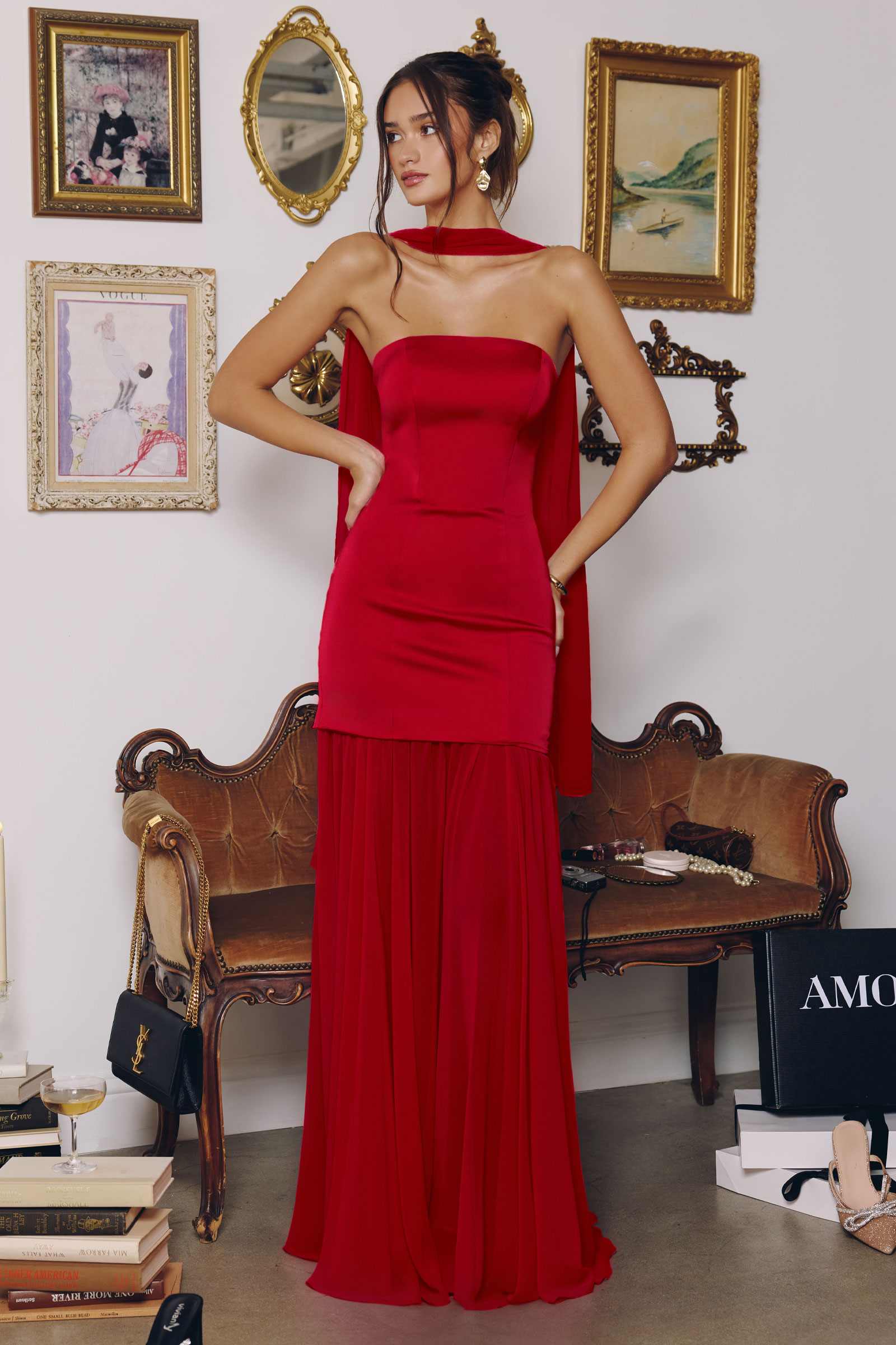 Amoris T825 Strapless Satin Bodice Pleated Chiffon Skirt Fitted Dress by DiscountDressShop