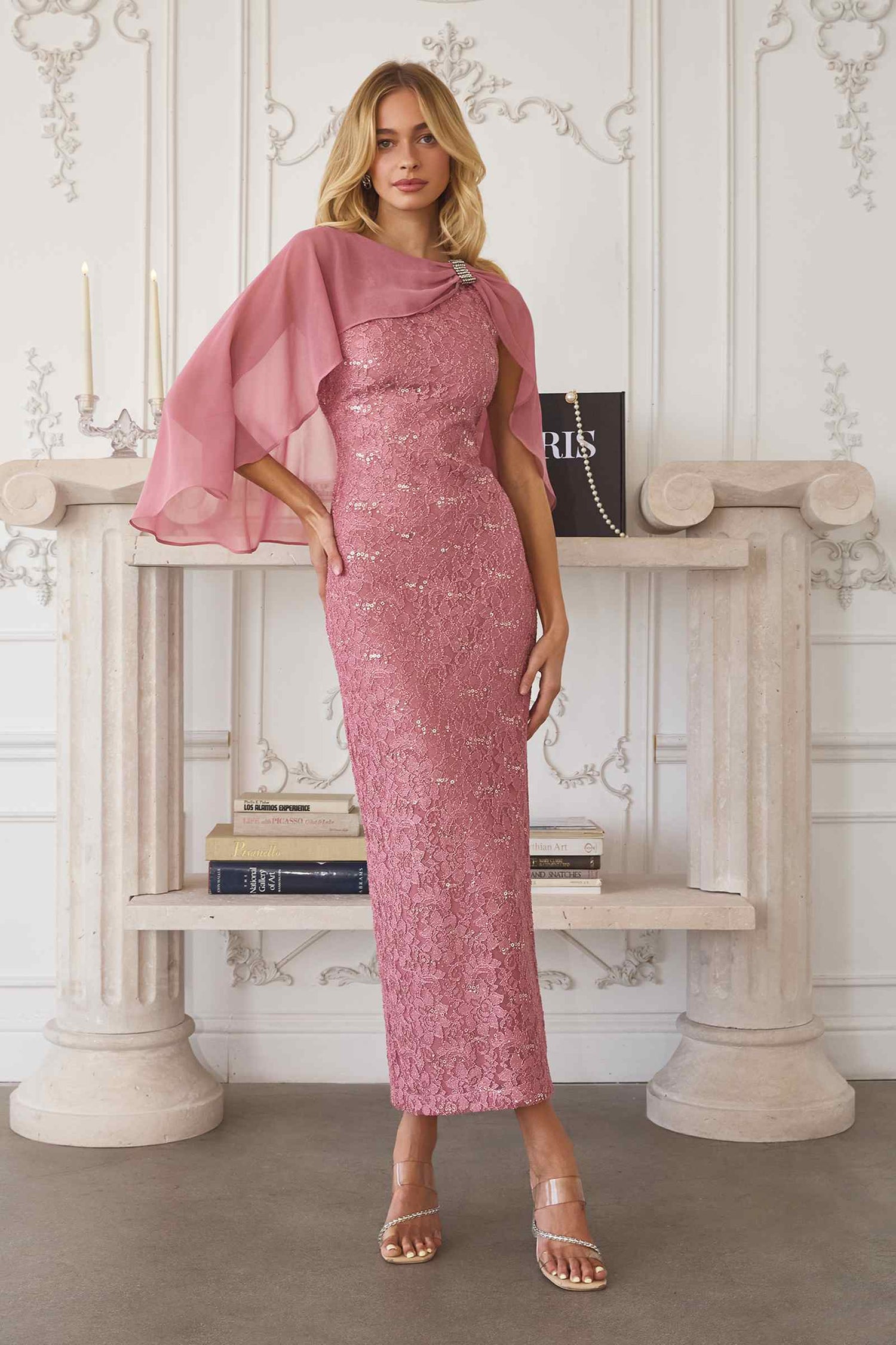 Amoris T906 Sequin Lace Gown Detachable Sheer Cape Overlay by DiscountDressShop