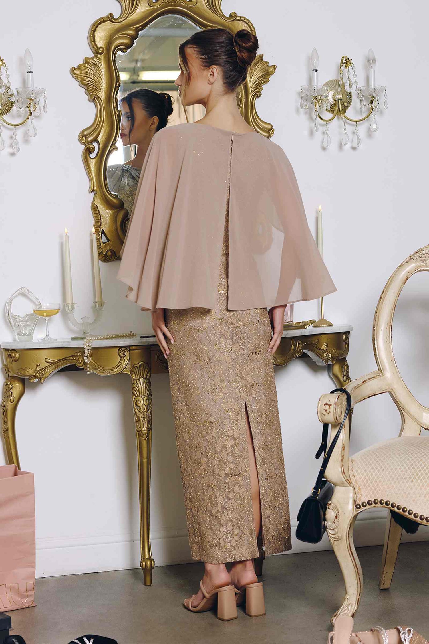 Amoris T906 Sequin Lace Gown Detachable Sheer Cape Overlay by DiscountDressShop
