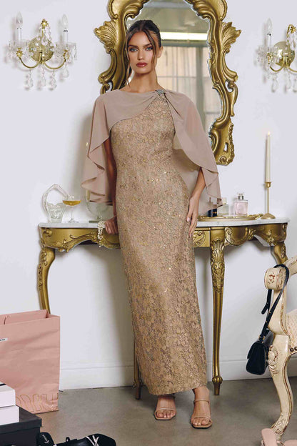 Amoris T906 Sequin Lace Gown Detachable Sheer Cape Overlay by DiscountDressShop